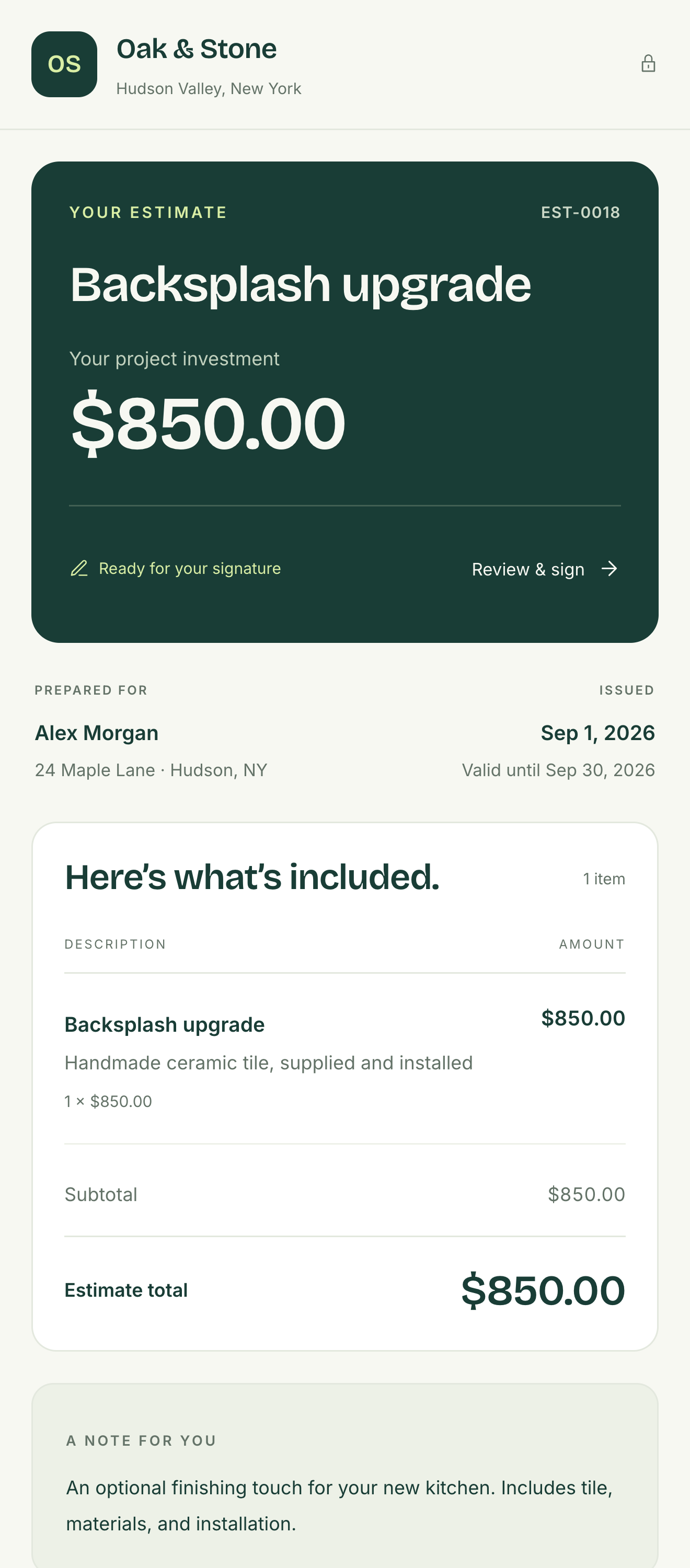 Sample Jobslip customer portal showing Oak & Stone’s $850 estimate, a Review and sign link, and an itemized project summary.